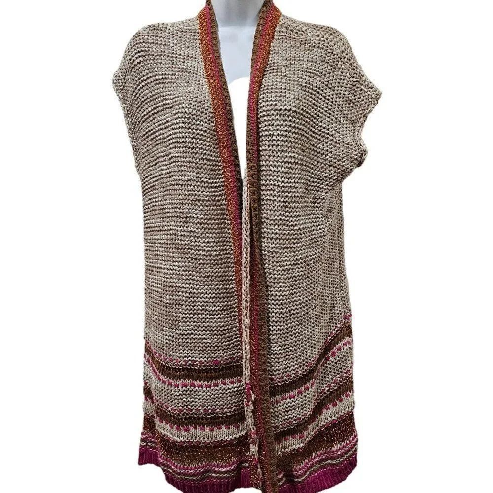 Chicos Cardigan Sweater Womens Size 1 Medium Beige Pink Gold Trim Open Front